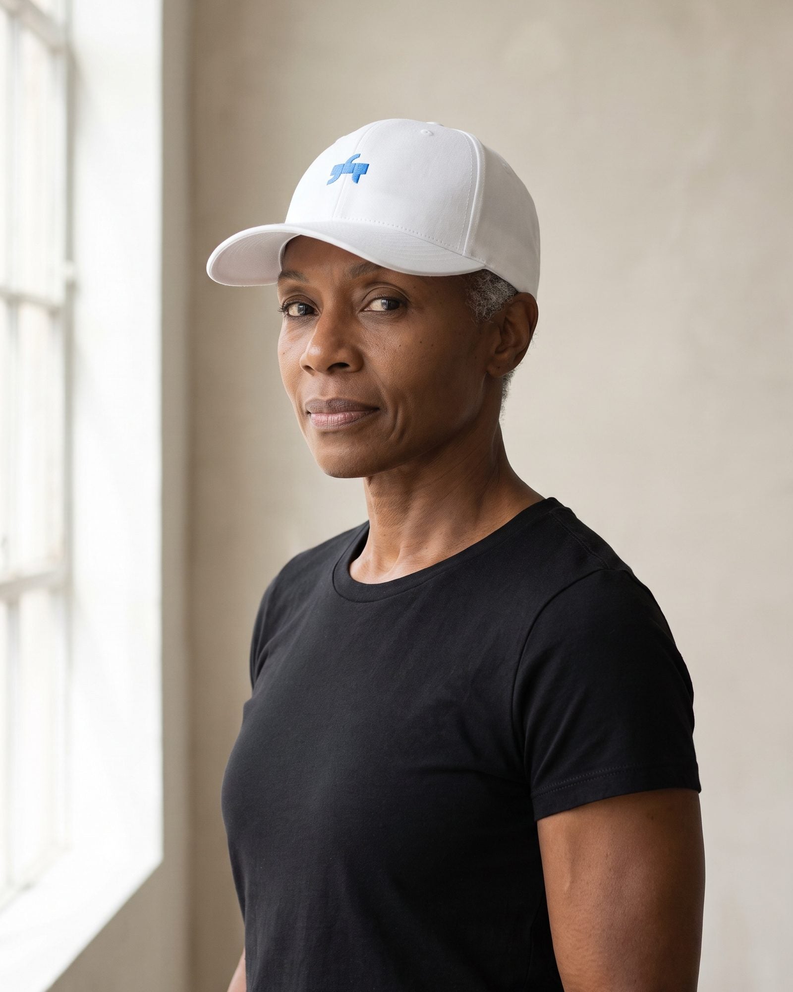 Fitted Cap — White / Blue Mark